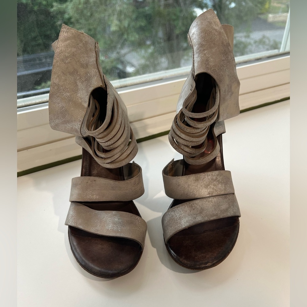 A.S.98 Metallic Silver Gray Strappy Sculpted Heel Sandals 37 - Picture 13 of 14